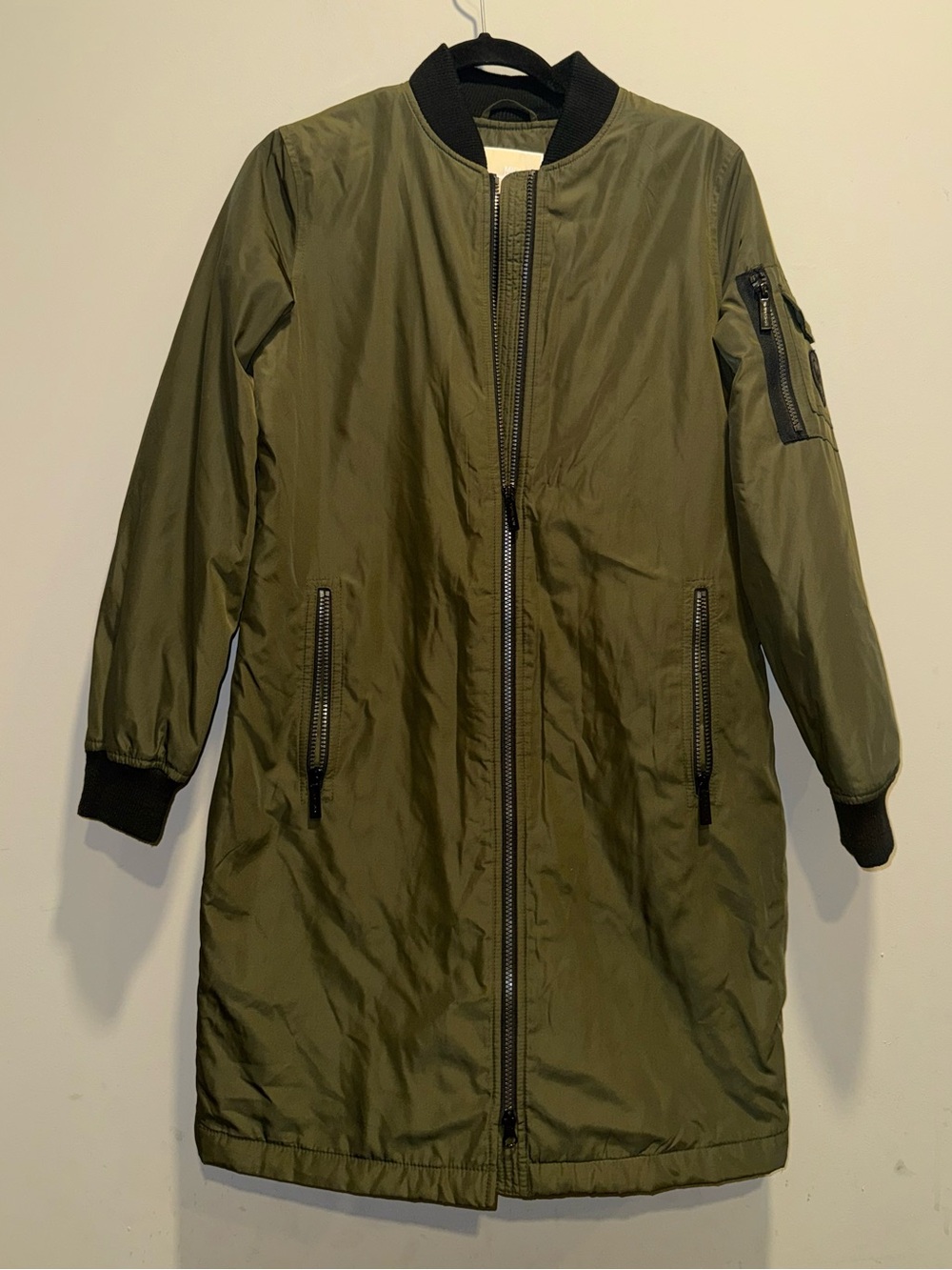 Michael Kors Olive Green Long Bomber Jacket